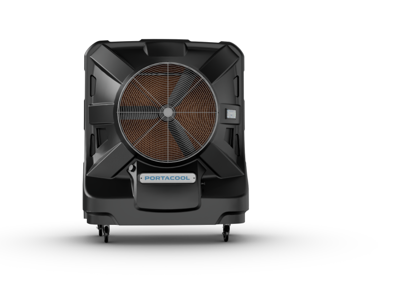 How far can the airflow from the evaporative cooler reach?
