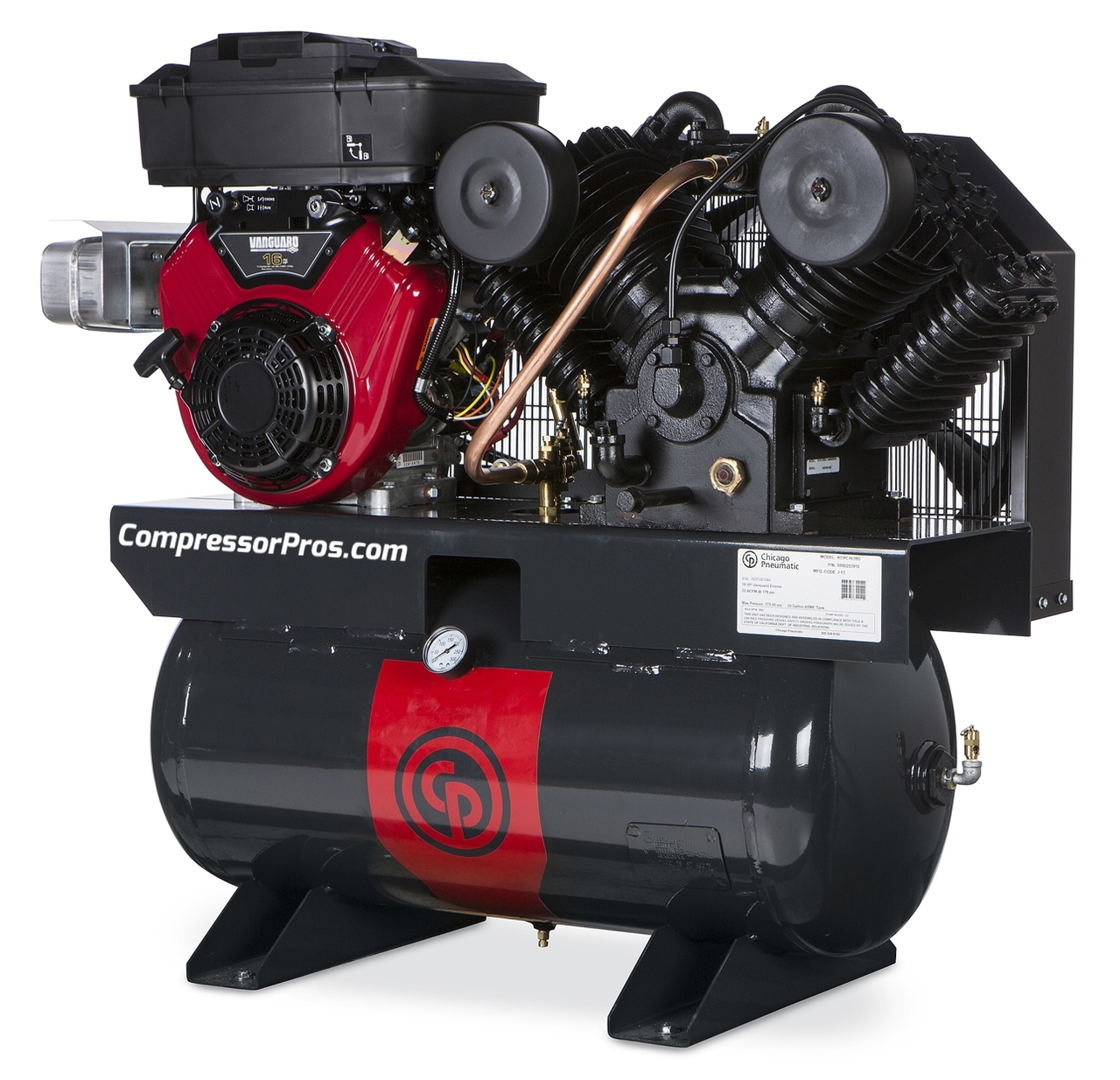 Chicago Pneumatic RCP-C1630G 16 HP Vanguard Gasoline Driven Two Stage Cast Iron 30 Gallon Air Compressor Questions & Answers