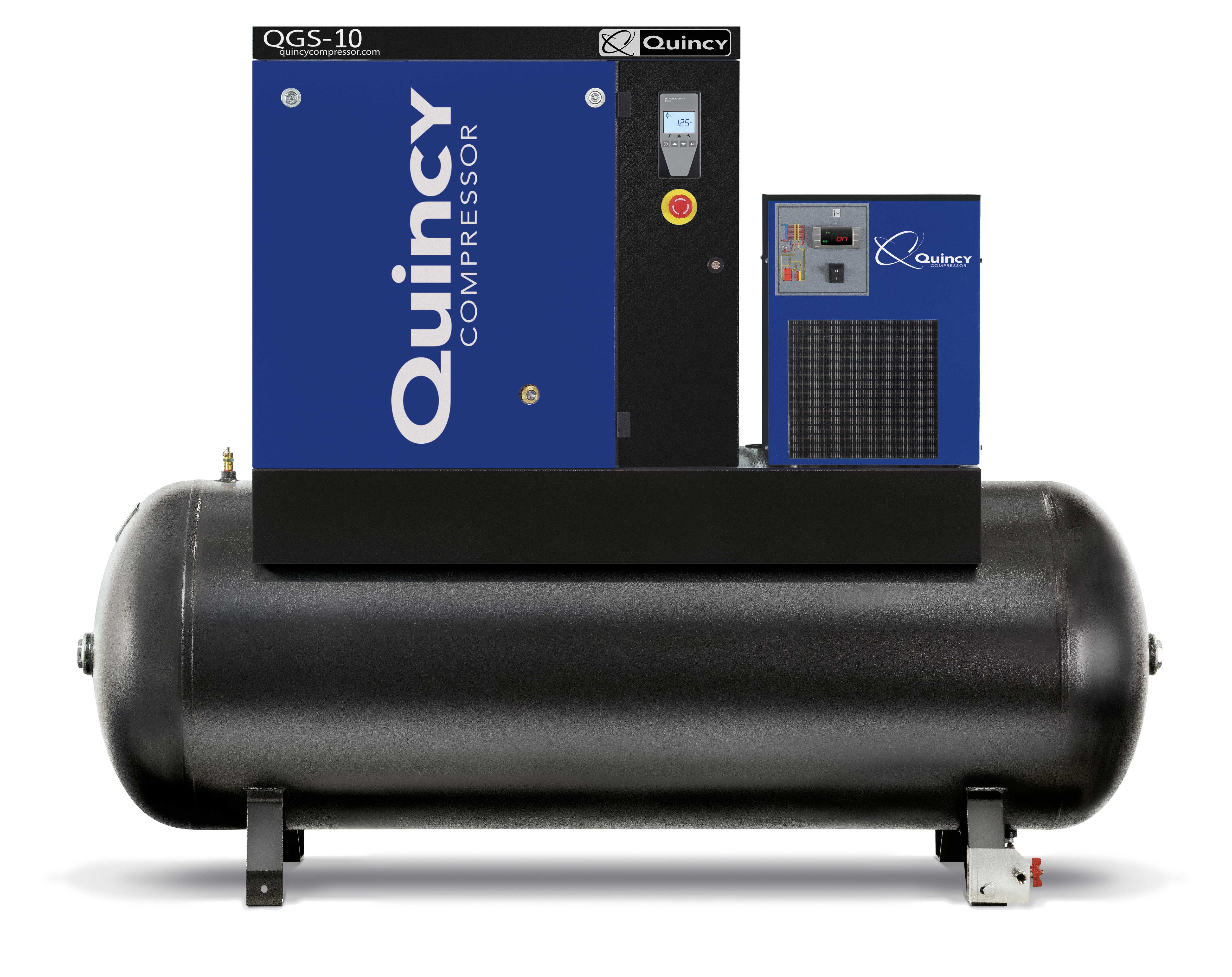 Quincy QGS 10 TMD-3 10 HP 230/460 Volt Three Phase, 132 Gallon Horizontal Rotary Screw Air Compressor with Dryer - 125 psi Questions & Answers