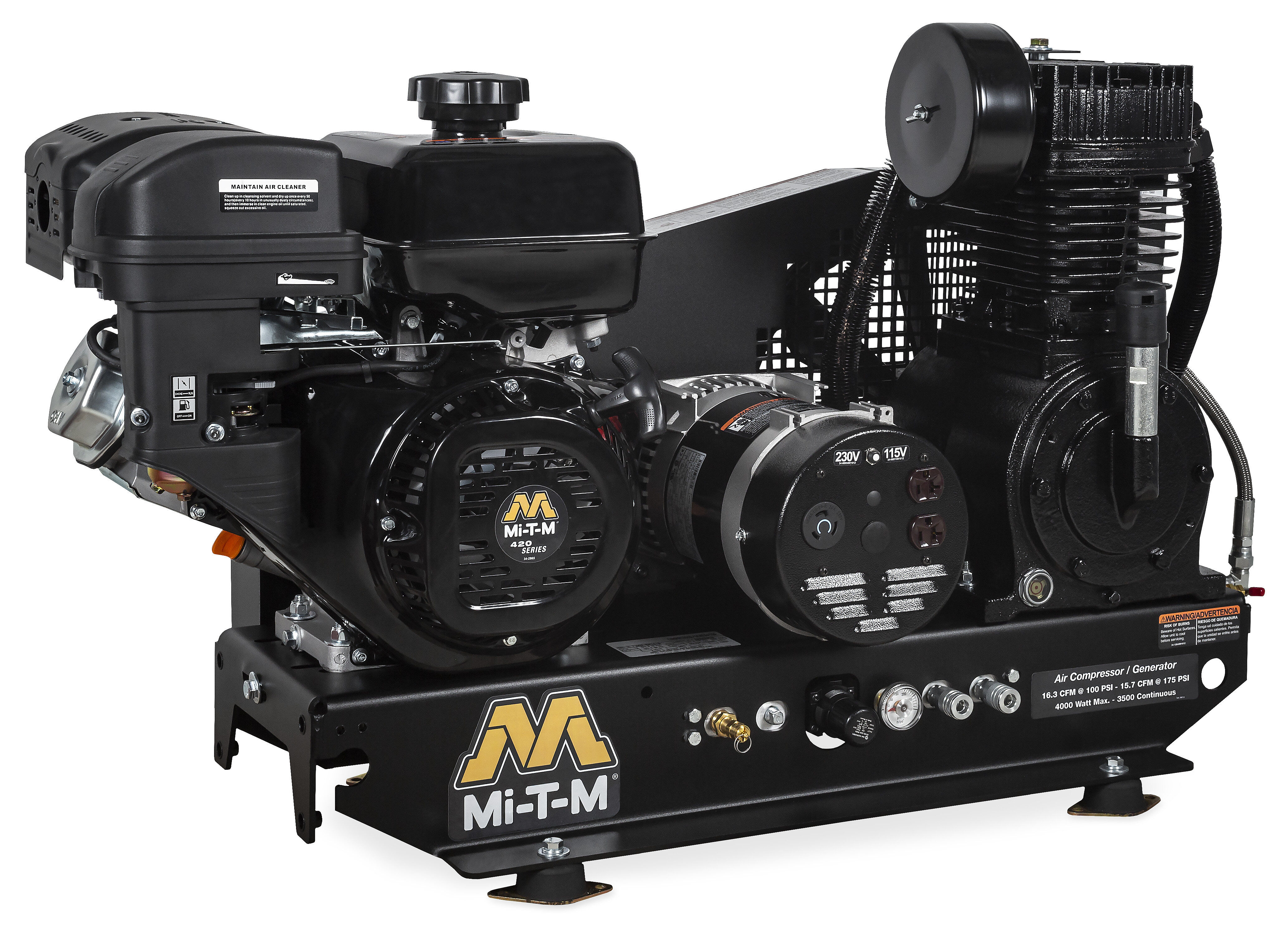 What engine type powers the Mi-T-M AG2-SM14-BE air compressor/generator?