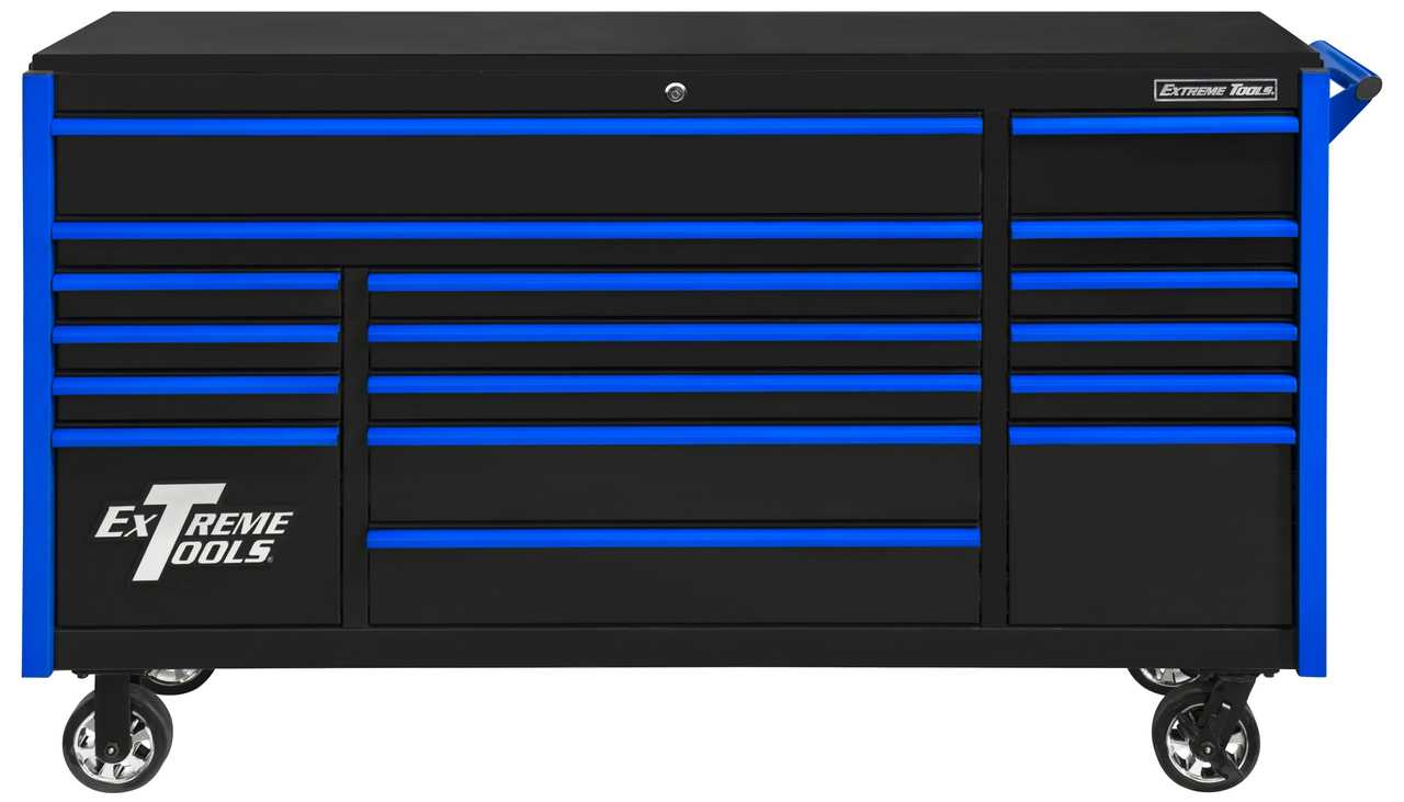 Extreme Tools DX722117RCBKBL - DX Series 72", 17 Drawer, 21" Deep Roller Cabinet - Black with Blue Drawer Pulls Questions & Answers