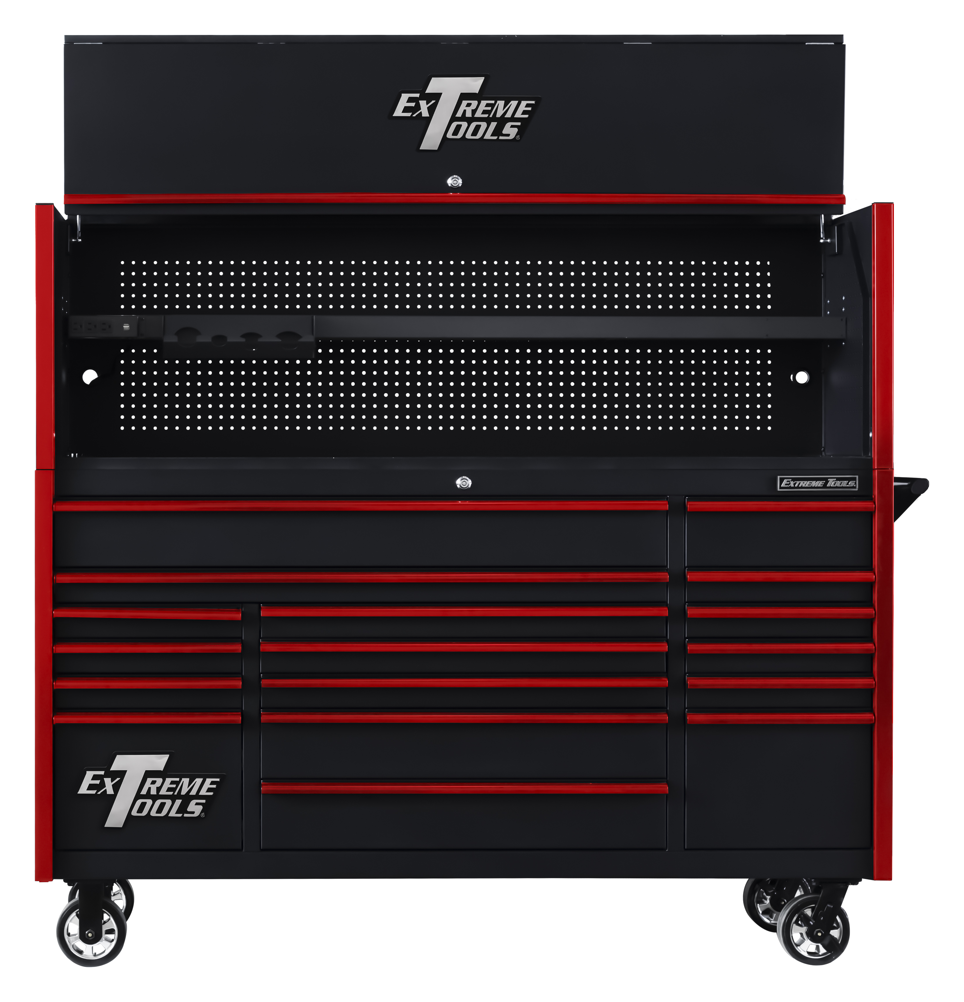 Extreme Tools DX7218HRKR Combo - DX Series 72", 17 Drawer, 21" Deep Roller Cabinet and Matching Hutch - Black with Red Drawer Pulls Questions & Answers