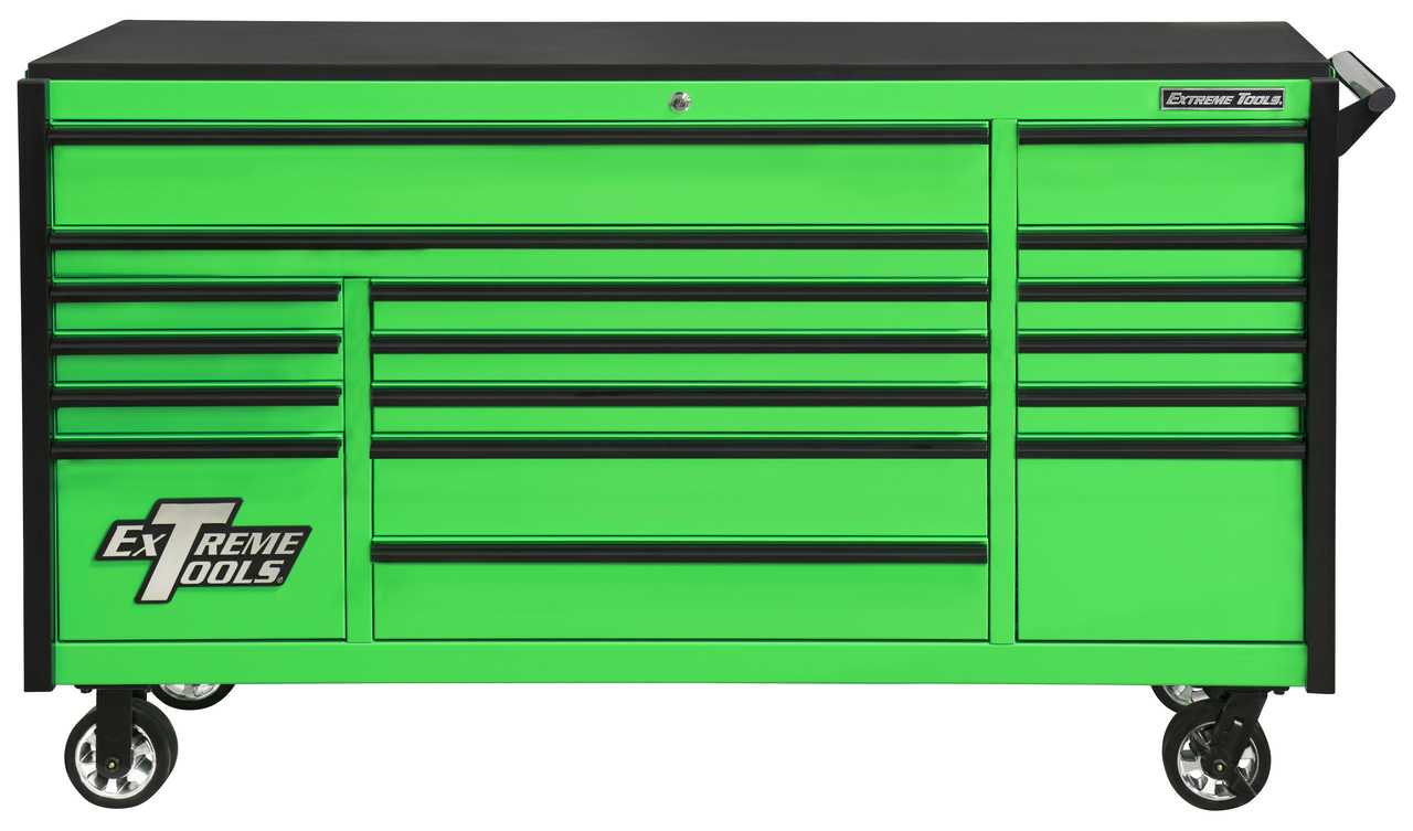 Extreme Tools DX722117RCGNBK - DX Series 72", 17 Drawer, 21" Deep Roller Cabinet - Green with Black Drawer Pulls Questions & Answers