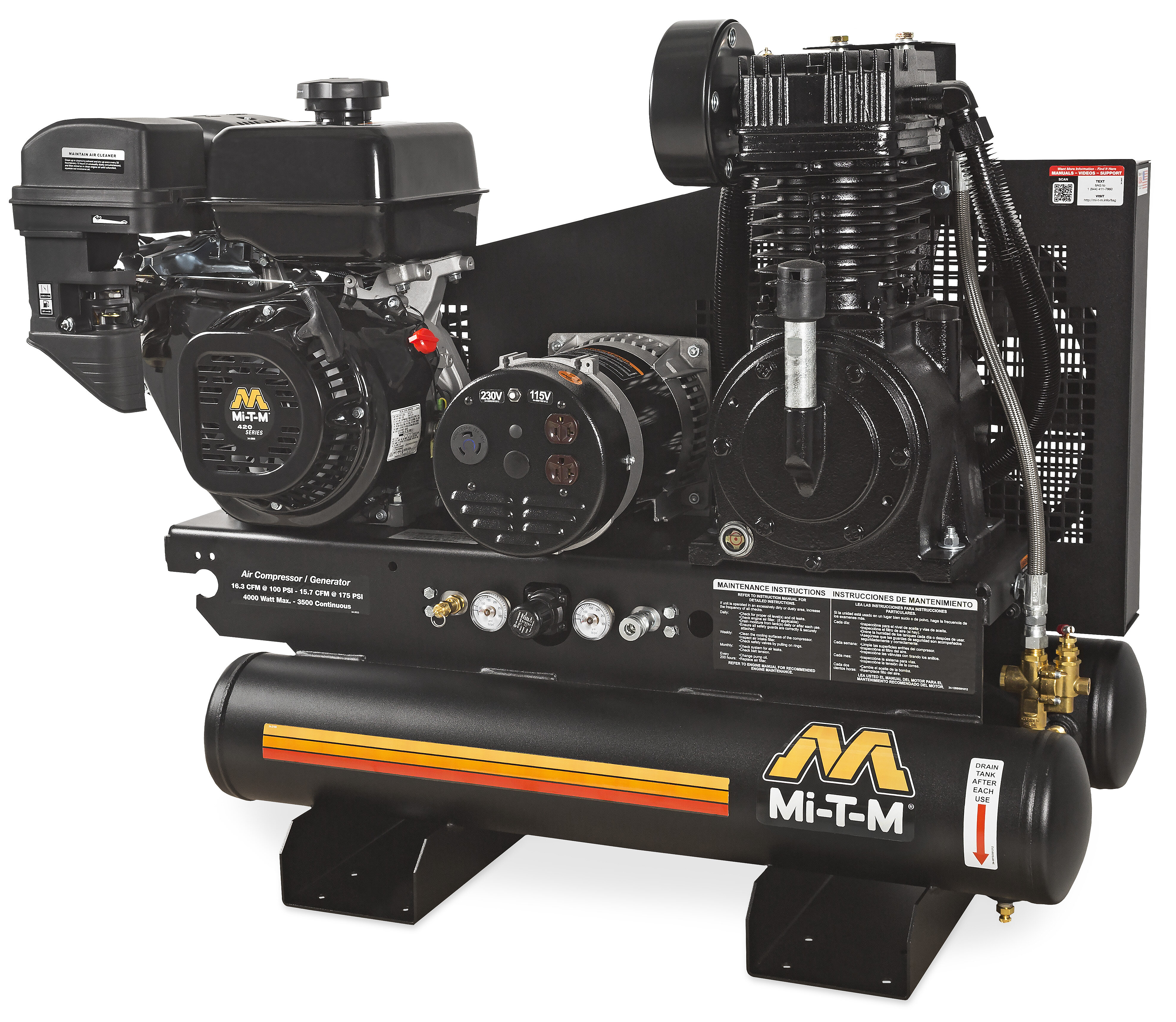 Mi-T-M AG2-SM14-08M1E 14 HP Mi-T-M Engine Powered Twin Tank Air Compressor/Generator Combo Electric Start Questions & Answers