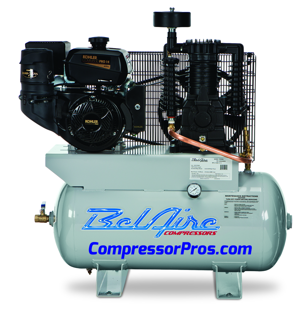 BelAire 3G3HKL 14 HP Kohler Gasoline Driven Two Stage 30 Gallon Air Compressor Questions & Answers