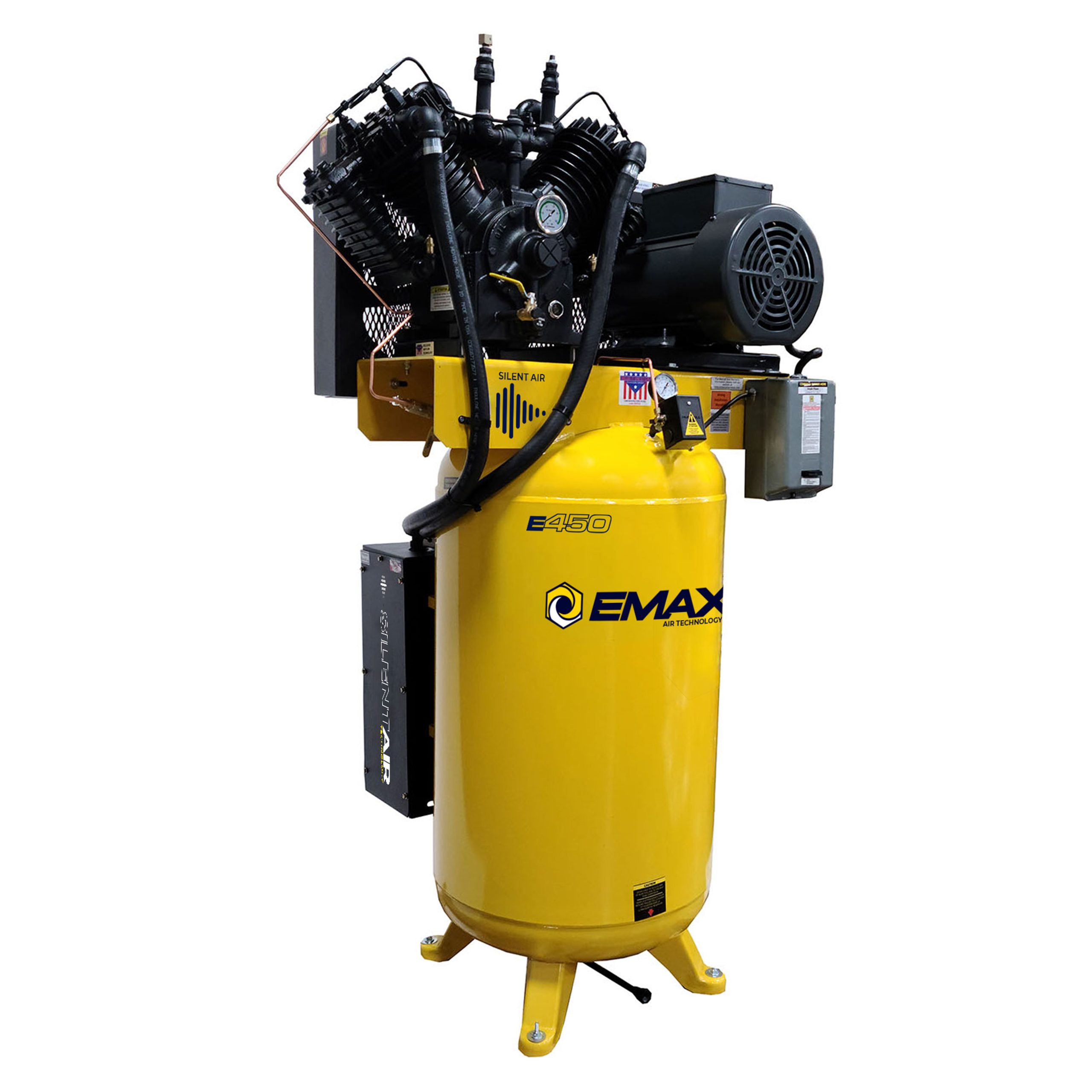 EMAX Silent Air ESP10V120V1PK Industrial Plus 10 HP 1 PH 120 Gallon Vertical Air Compressor with Air Silencer - Package Includes Dryer Questions & Answers